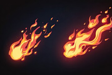 Two stylized fireballs against a dark background. Each fireball has a central orb with radiating flames, and trails of sparks