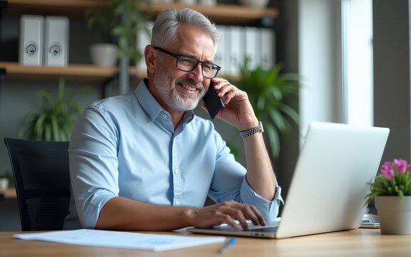 Positive financial specialist senior man working on laptop computer in office, having cell phone call. Mature businessman professional using pc, analysing business project, holding report document