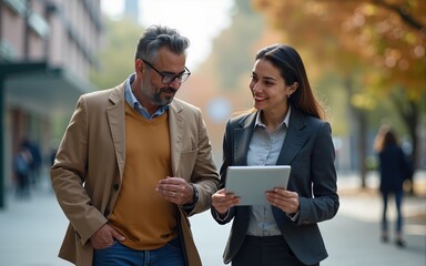 Mature 40s years old man, young adult woman walking, discussing project on digital pc tablet computer. Successful middle aged latin hispanic businessman, businesswoman work together on business plan
