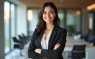 Vertical portrait of middle age manager adult executive CEO entrepreneur businesswoman. Leader smiling latin hispanic, middle eastern business woman standing arms crossed in office looking at camera.