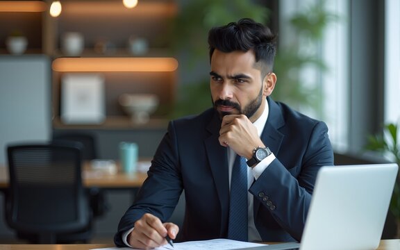 Focused latin senior in suit financial expert analyst thinking on sale solution. Professional indian manager investor using pc laptop computer sitting at desk workplace in office. Banner, copy space