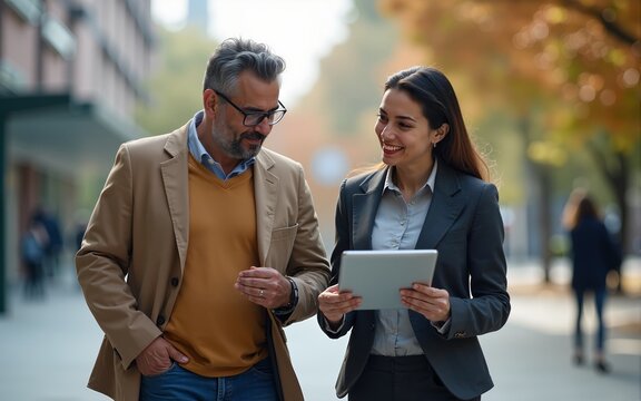 Mature 40s years old man, young adult woman walking, discussing project on digital pc tablet computer. Successful middle aged latin hispanic businessman, businesswoman work together on business plan