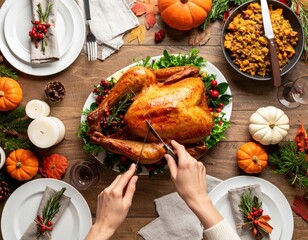 Roasted Turkey Being Carved At Thanksgiving Dinner