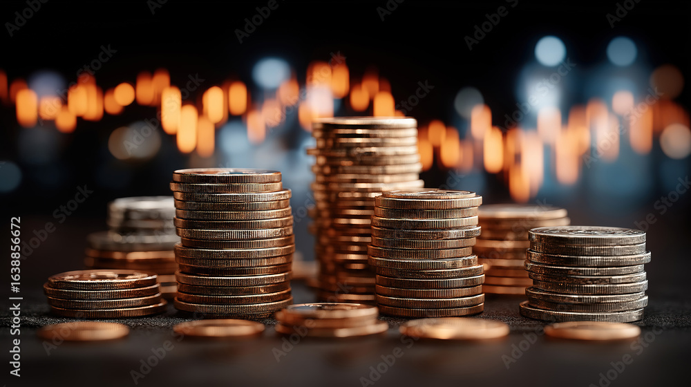 Poster stacks of coins with financial graphs and bokeh lights in a digital investment concept