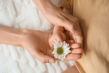 Mother with daisy flower and her little baby on bed, top view