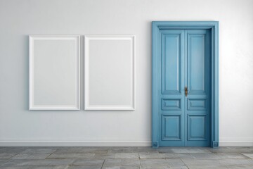 Empty frames and door on a light-grey wall