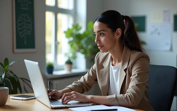 Young latina or indian business woman using laptop pc working at desk writing notes, watching educational online webinar. Female student looking at computer screen device, studying in modern office - Powered by Adobe