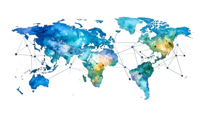 Obraz premium Watercolor world map with interconnected nodes, depicting global network