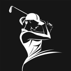 a modern flat design golf logo, bicolor white with a black background woman golfer 