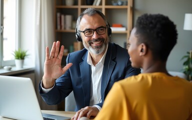 Indian Arabian mature business man wearing wireless earphones waving hand giving greeting gesture looking to personal teacher. Online webinar, videoconference entrepreneur call with student at laptop