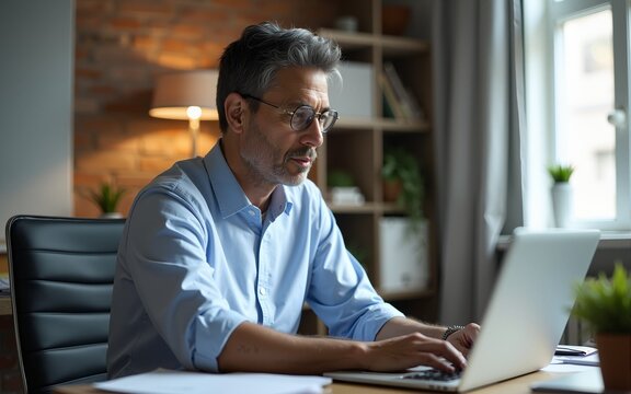 Vertical portrait of middle-age Hispanic man using laptop for business studying, watch online virtual webinar training, video call meeting. Focused mature Indian or Latin businessman work in office.