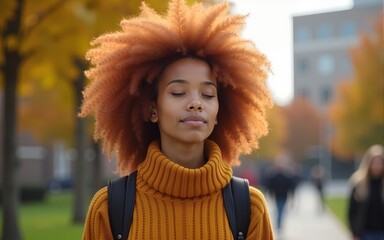 Closeup portrait of young ginger african amerian woman with curly afro hair breathing with closed eyes. Dreaming redhead student girl standing meditate at campus university. Banner, copy space