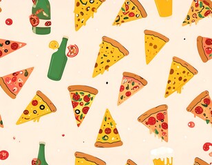 Repeating pattern of pizza slices and beer bottles on a light background