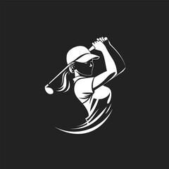 a modern flat design golf logo, bicolor white with a black background woman golfer 