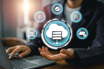 Visual representation of web hosting with cloud server and network icons, illustrating digital...