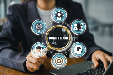 Visual representation of competence with business icons, highlighting skill development and career growth in a modern work environment.