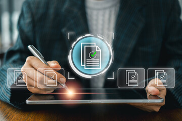 Professional audit concept featuring a digital tablet and document icon, symbolizing financial...