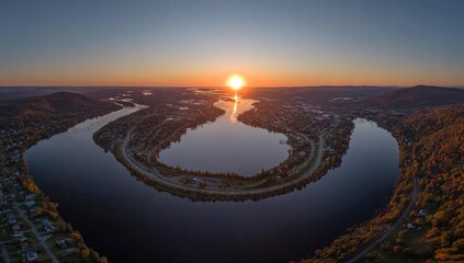 Aerial sunrise over a river looping around a town