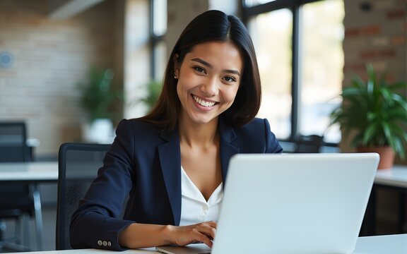 Portrait at camera smiling latin female marketing manager, professional it specialist working at laptop computer sitting at desk in modern office. Cheerful young woman employee using pc for business - Powered by Adobe
