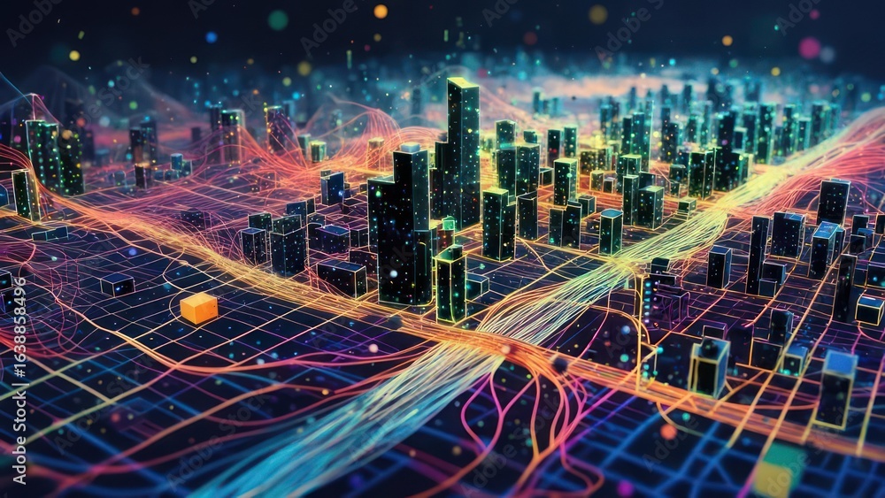 Poster vibrant digital metropolis with luminous data streams flowing through a neon network grid