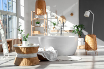 Blurred view of light bathroom with bathtub, plants and mat