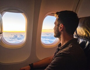 Obraz premium Man Looking Out Airplane Window At Sunset