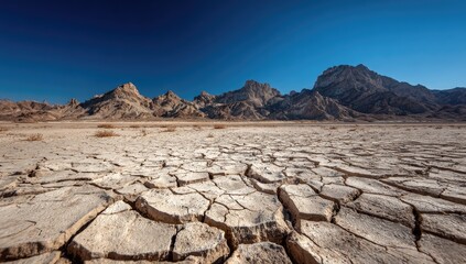 Vast cracked earth stretches to distant mountains under a clear blue sky