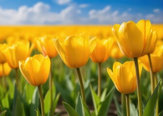 Fototapeta premium Field of vibrant yellow tulips swaying gently in a spring breeze