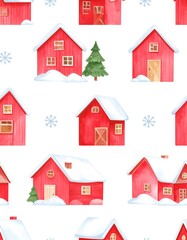 Fototapeta premium Seamless pattern of red houses in snow