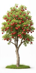 A large tree with vibrant red apples hanging from its branches against a pristine white background