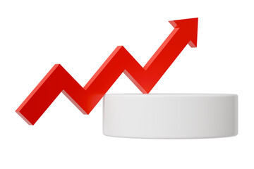 3d growth chart icon. red zigzag arrow up on white podium concept. Minimal cartoon business graph for success, progress, finance, analytics isolated on white background. 3d render.