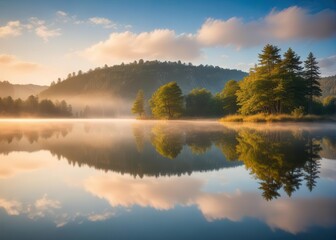 Fototapeta premium Misty morning reflection on calm lake surface with surrounding trees and hills