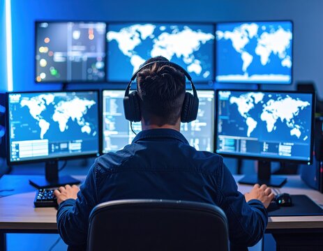 Man Monitoring Multiple Screens In Dark Technology Room