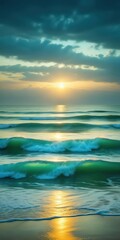 Fototapeta premium Soft glowing green waves of light envelop a misty ocean landscape at dusk