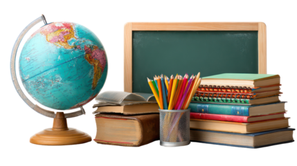 Back to School Concept with Globe Books and Chalkboard on Transparent Background