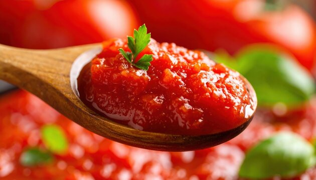 Close Up Tomato Sauce On Wooden Spoon