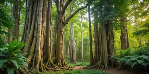 lush green foliage densely crowded around tall tree trunks