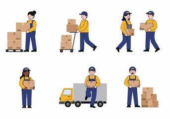 Illustrated collection of delivery service workers, showcasing logistics, shipping, and parcel handling with boxes and a truck.