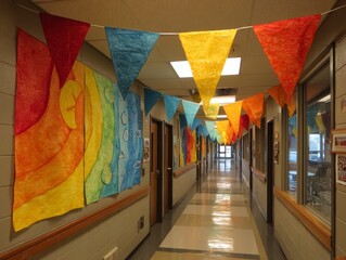 Hallway decorated for International Day of Peace with colorful flags and student artwork. School spirit and creative learning environment.