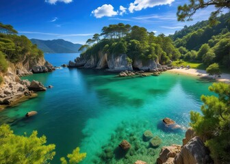 Fototapeta premium Emerald Sea Bay with Rocky Coast at Bright Summer Day