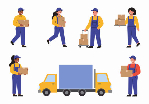 Diverse Delivery and Moving Workers with Boxes and a Logistics Truck, Illustrating Shipping and Relocation Services