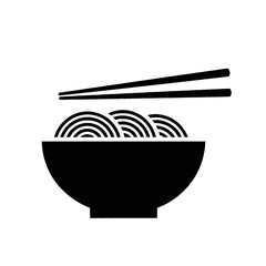 Black silhouette of a bowl of noodles with chopsticks resting on top, presented on a white background.