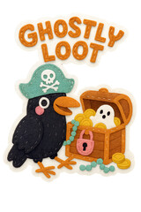 Naklejka premium Halloween Felt Pirate Crow Sticker with Treasure Chest and Ghostly Loot Text on Transparent Background