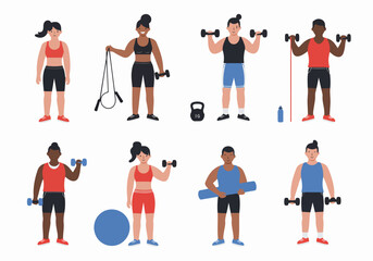 Diverse group of people exercising with various fitness equipment in a flat design illustration.