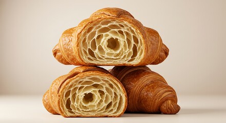 Fototapeta premium Cross-Section of Three Flaky Croissants on a Neutral Background