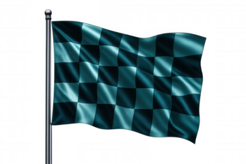 Checkered racing flag waving dynamically, symbolizing motorsport excitement with dramatic wind-blown movement against transparent backdrop