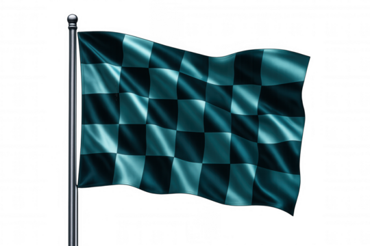 Checkered racing flag waving dynamically, symbolizing motorsport excitement with dramatic wind-blown movement against transparent backdrop