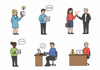 Businesspeople in various office settings: ideation, communication, collaboration, productivity, and financial outcomes illustration.