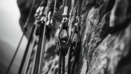 The Climber's Lifeline: A Gritty, Monochrome Close-Up of Safety Equipment