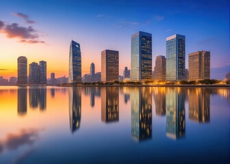 Fototapeta premium Towering skyscrapers and modern architecture reflect in the calm waters of Tokyo Bay at dusk